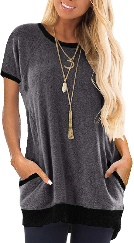 Haute Edition Womens Casual Summer Short Sleeve Pocket Tunic Crewneck Tee T-Shirt With Color Block-- Striped Floral Plaid Haute Edition Womens Casual Summer Short Sleeve Pocket Tunic Crewneck Tee T-Shirt With Color Block-- Striped Floral Plaid