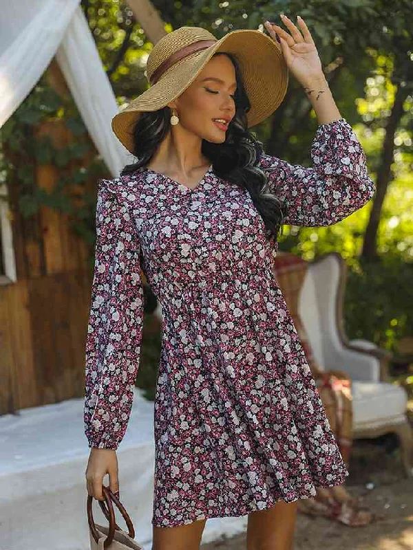 V-Neck Ruffle Shoulder Mini Dress Stylish Sweetheart Neck Mini Dress