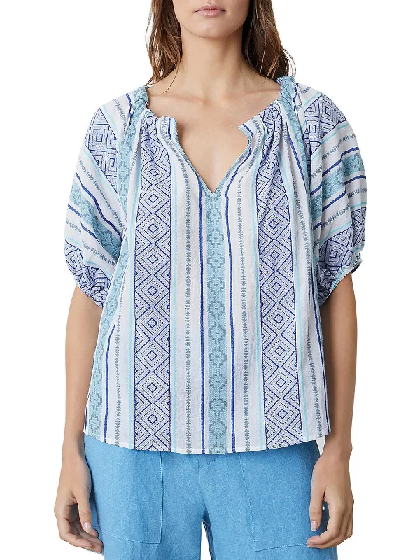 Womens Gathered V-Neck Blouse Peter Pan Collar Blouse