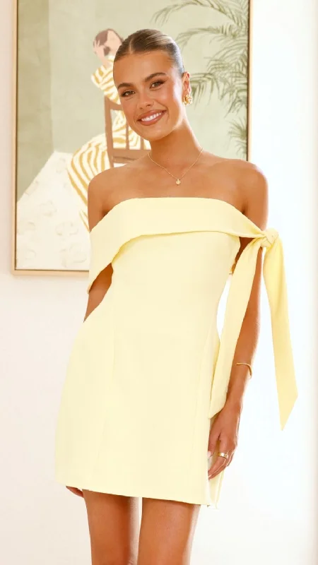 Halen Off Shoulder Mini Dress - Lemon Comfortable Linen Mini Dress