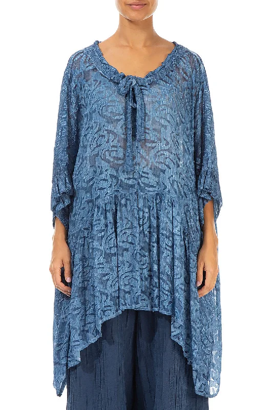 Flared Light Denim Textured Silk Rayon Blouse Silky Draped Blouse