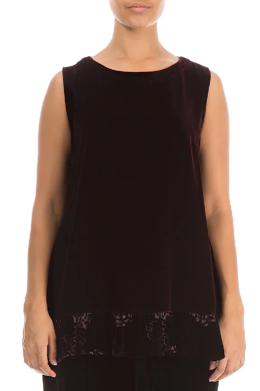 Ruffled Devoré Hem Burgundy Silk Velvet Blouse Flowy Bohemian Blouse