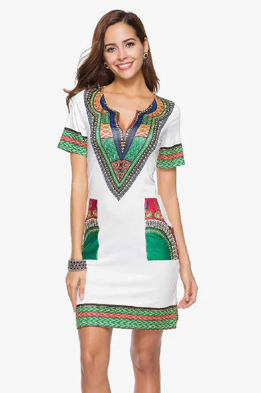 Full Size Printed Notched Neck Short Sleeve Mini Dress Stylish Button-Down Mini Dress