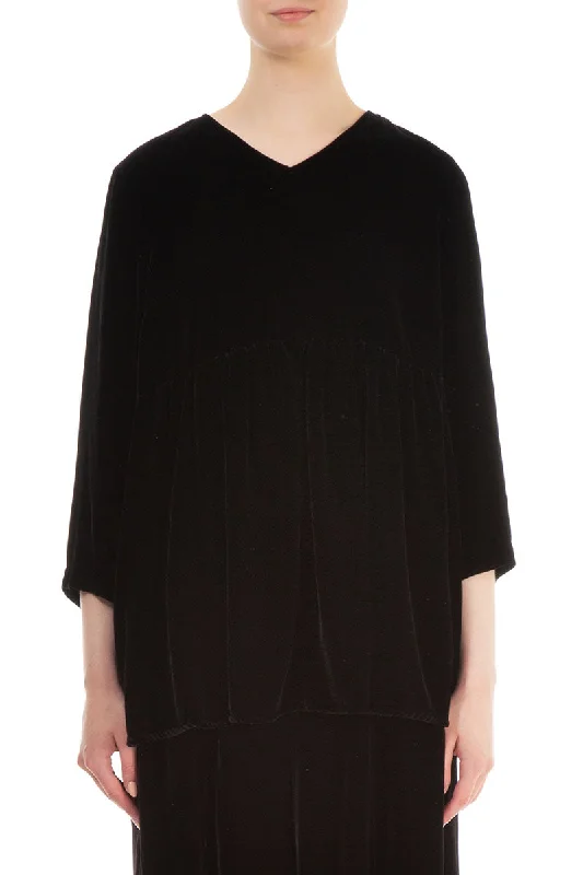 Flared V-Neck Black Silk Velvet Blouse Romantic Lace Blouse