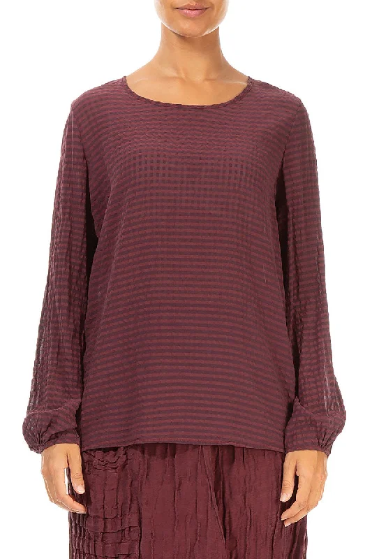 Cuff Sleeves Burgundy Textured Silk Blouse Business Casual Blouse