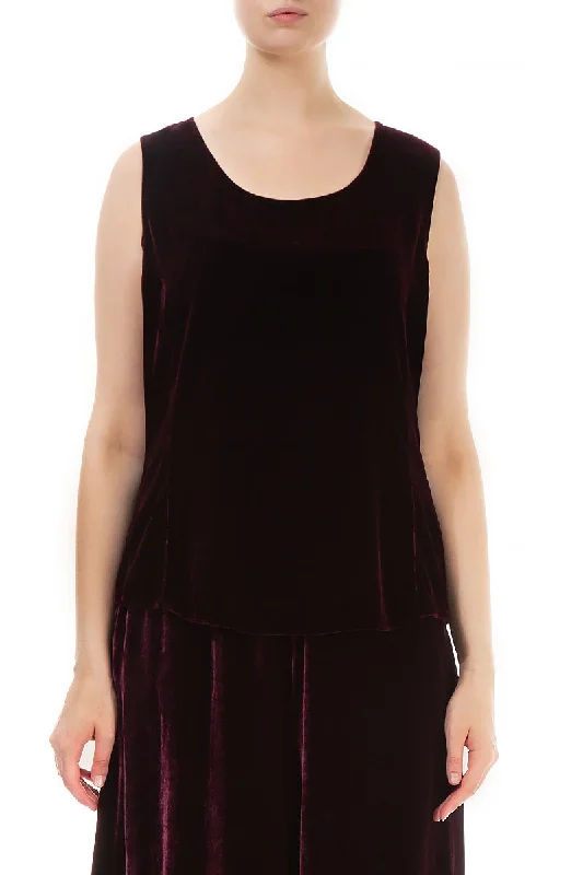 Sleeveless Burgundy Silk Velvet Blouse Embroidered Cotton Blouse