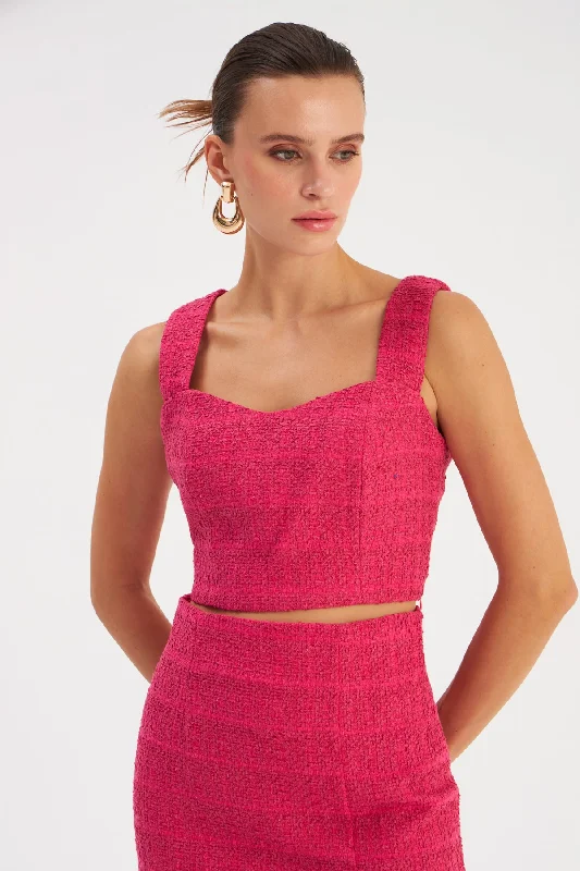 Strap Tweed Crop Blouse - Fuchsia Sleeveless Summer Blouse