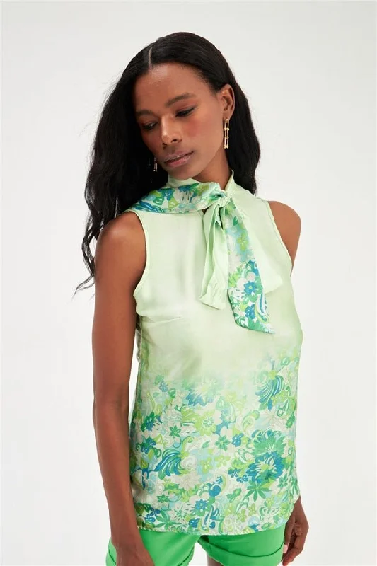 Floral Ombre Patterned Tie Neck Scarf Detailed Blouse - Green Chic Ruffle Blouse