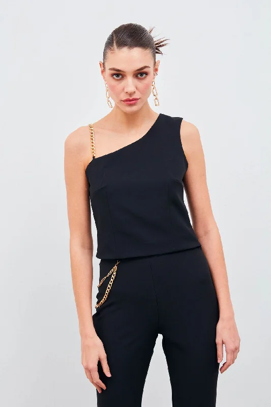 Chain Strap Detailed Crop Blouse - Black Boho Chic Blouse