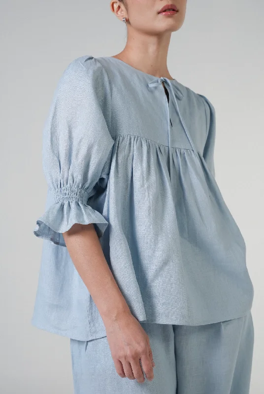 Holiday Linen Blouse in Coral Blue Classic White Blouse