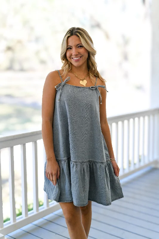 Valorie Denim Mini Dress - Denim Fashionable Mini Dress with Frills