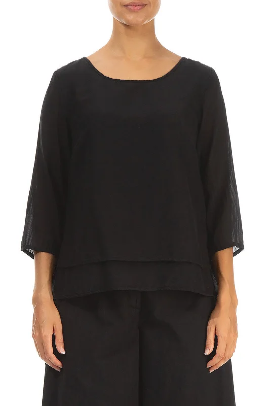 Layered Black Silk Cotton Blouse Business Casual Blouse