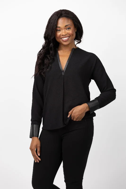 Vince Leather Trim Dolman Sleeve Blouse in Black Lightweight Tunic Blouse