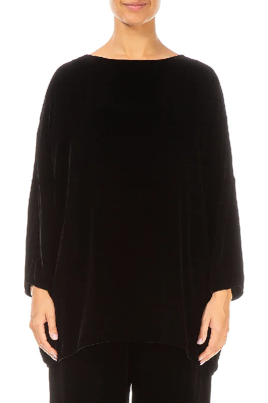Loose Black Silk Velvet Blouse Pleated Collar Blouse