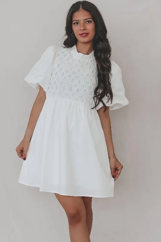 Yes Please White Smocked Mini Dress Chic Pleated Mini Dress