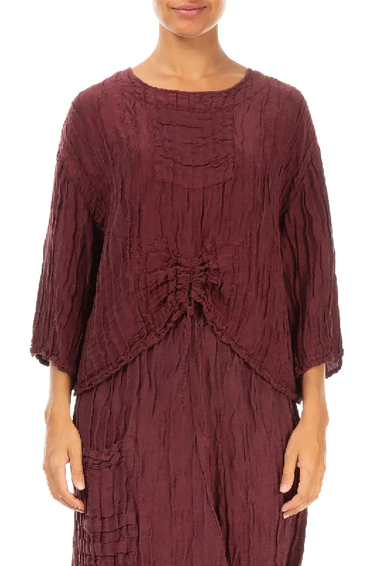 Ruched Front Crinkled Burgundy Silk Blouse Business Casual Blouse