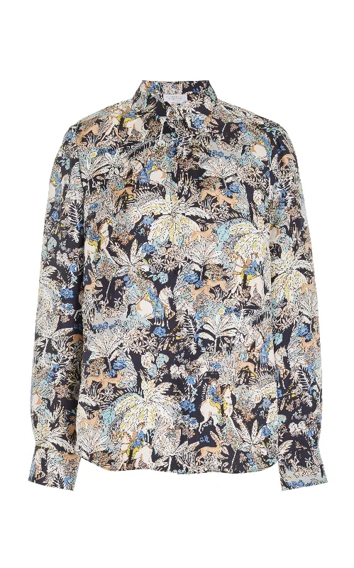 Henri Blouse in Blue Multi Printed Silk Twill Airy Cotton Blouse