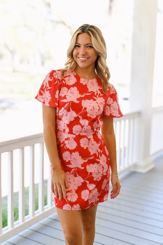 Hallie Floral Round Neck Mini Dress - Red/Pink Comfortable Off-Shoulder Mini Dress