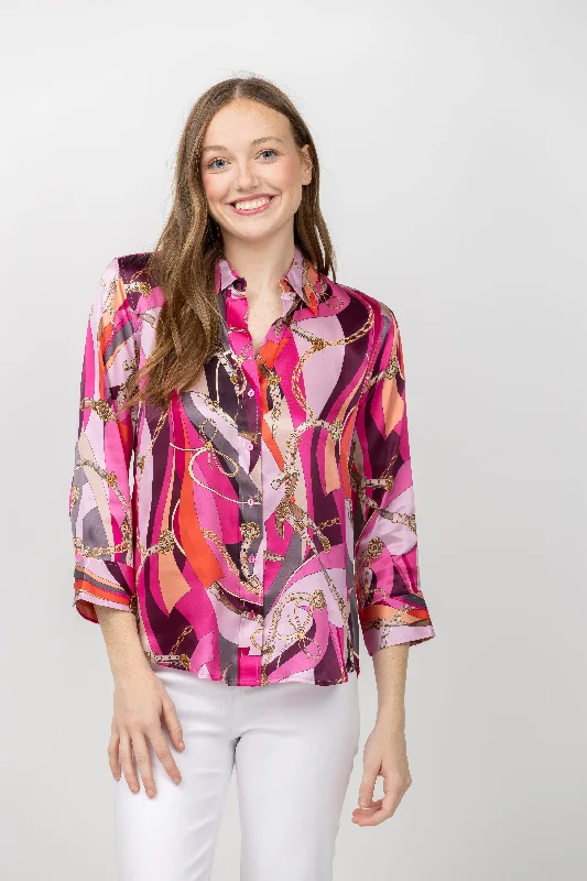 L'AGENCE Dani 3/4 Sleeve Silk Blouse in Pink Multi Buckle Lightweight Tunic Blouse