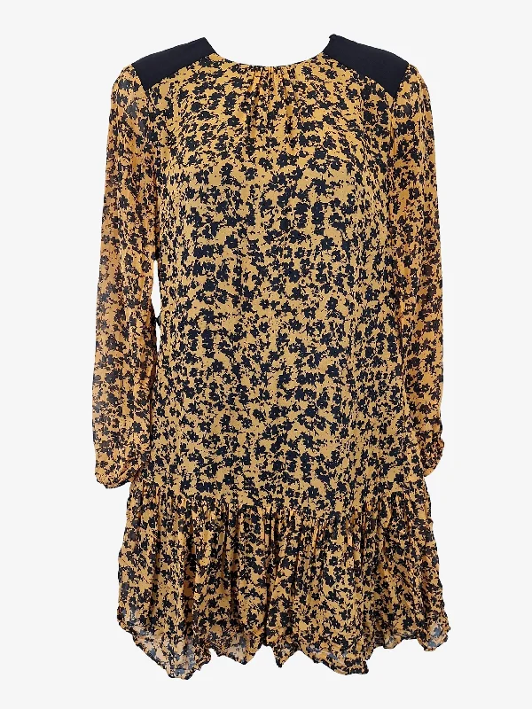 Cue Sophisticated Mustard Floral Mini Dress Size 6 Casual V-Neck Mini Dress