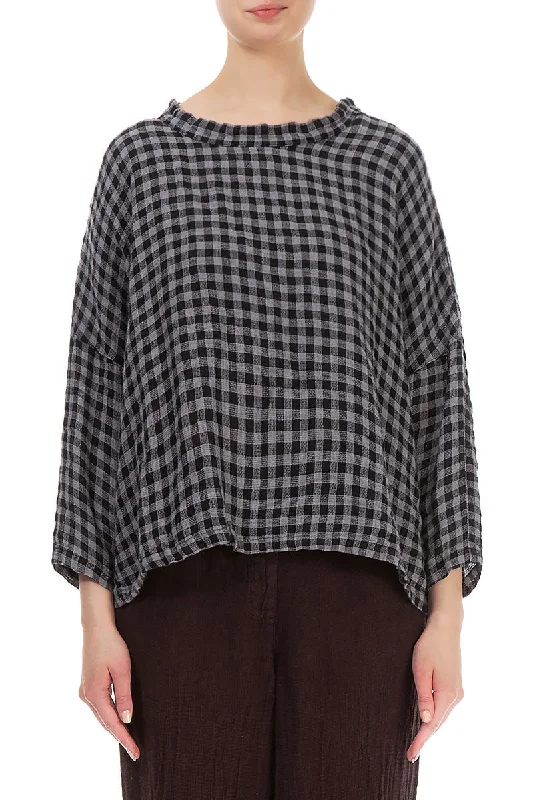 Boxy Grey Check Linen Blouse Elegant Lace Blouse