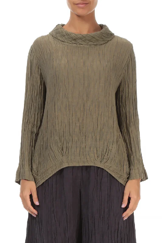 Soft Cowl Neck Crinkled Silver Sage Silk Blouse Chic Square Blouse