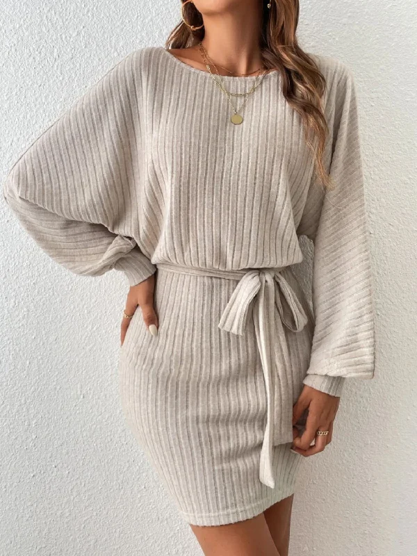 Round Neck Tie Waist Long Sleeve Mini Dress Fashionable Lace Mini Dress