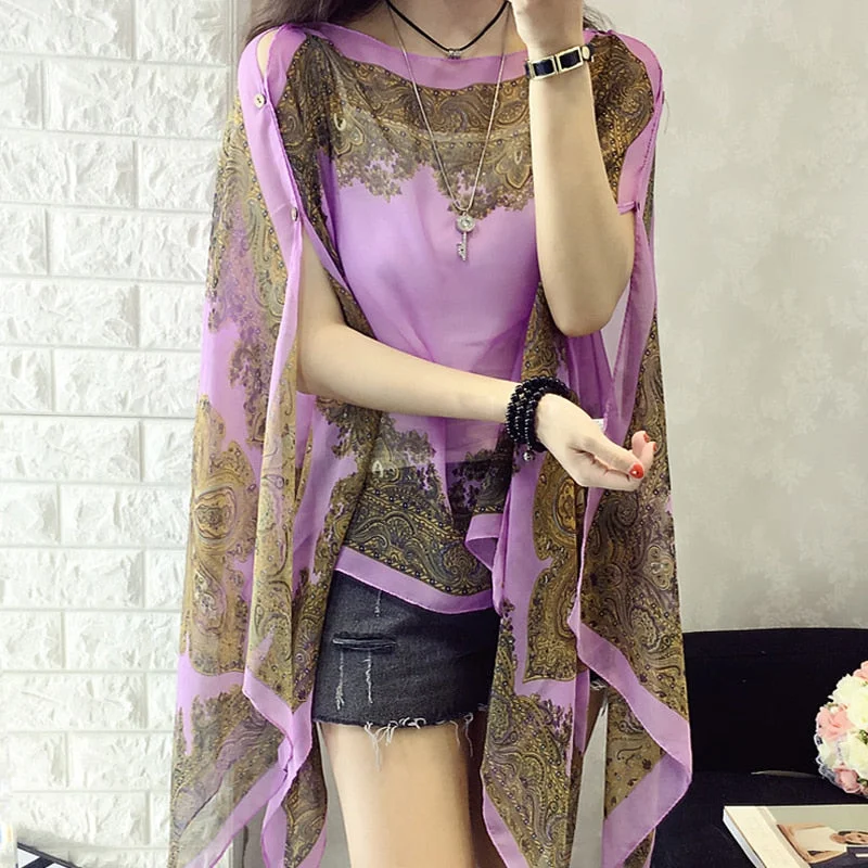 Fashion Floral Chiffon Blouses Women Spring Summer Style Beachwear Cover up Bell Sleeve Blouse