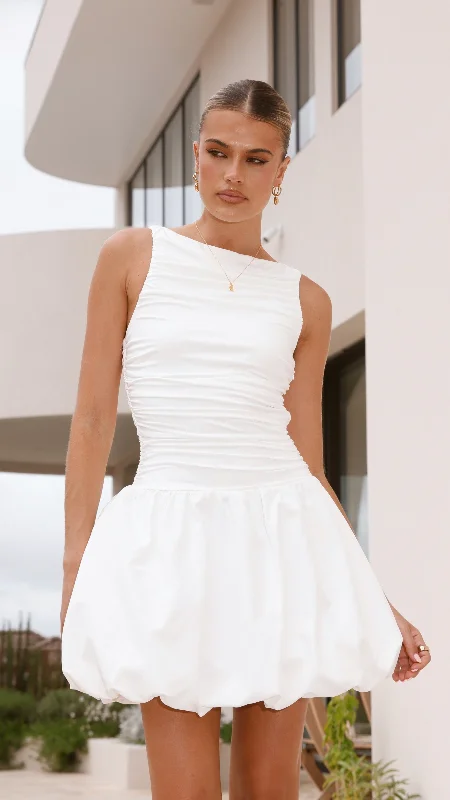Meera Boat Neck Mini Dress - White Comfortable Shift Mini Dress