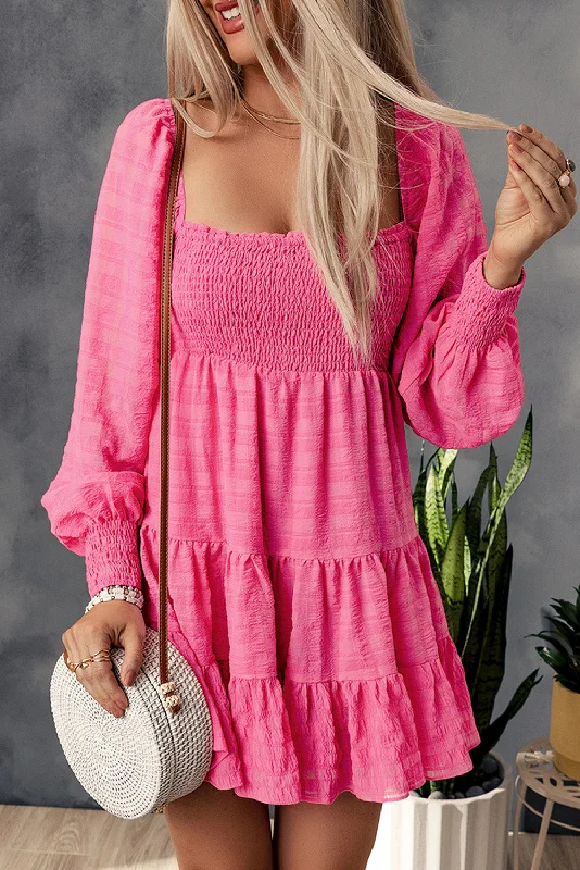 Smocked Square Neck Ruffled Mini Dress Classic Striped Mini Dress