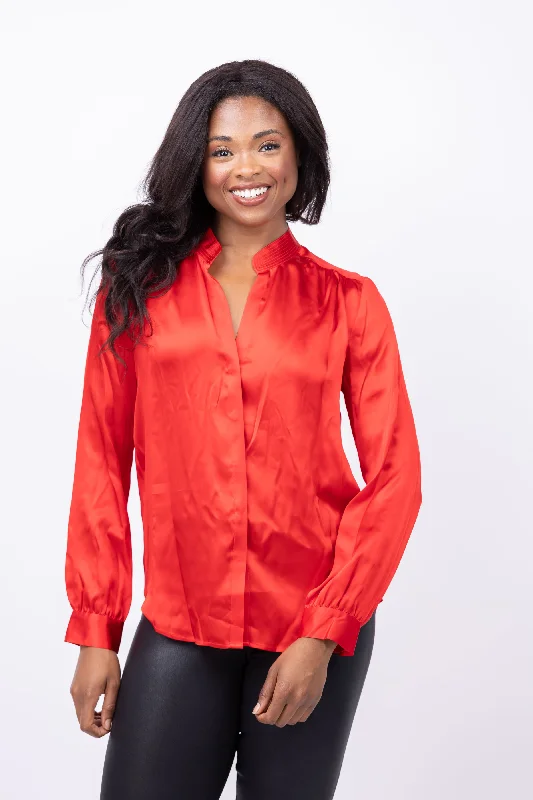 L'Agence Bianca Band Collar Blouse in Lava Red Loose Fit Blouse