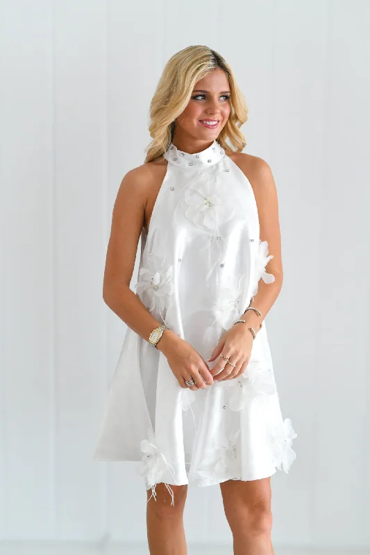 Tori High Neck Mini Dress-White Elegant Silk Mini Dress