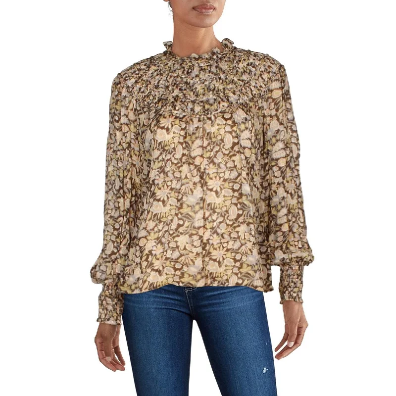 Womens Floral Print Smocked Blouse Backless Summer Blouse