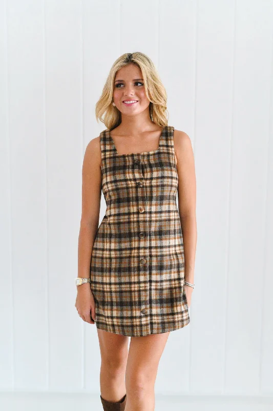 Blaire Plaid Mini Dress-Brown Trendy Off-Shoulder Dress Mini