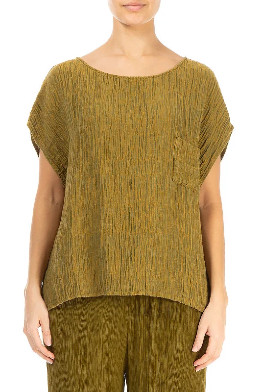 Boxy Olive Crinkled Silk Blouse Gathered Detail Blouse