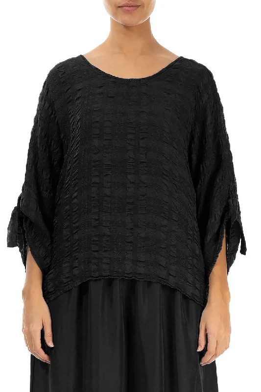 Tie Up Sleeves Black Light Silk Blouse Sweetheart Neck Blouse