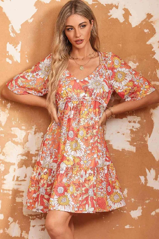 Floral Print V-Neck Short Sleeve Frill Trim Mini Dress Comfortable Zip-Up Mini Dress