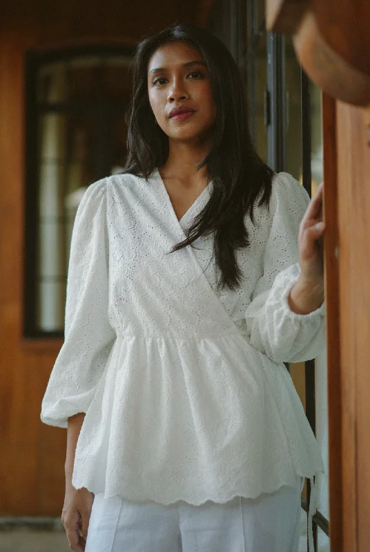 Willow Broderie Wrap Blouse in White Slim Fit Blouse
