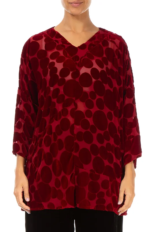 V-Neck Devoré Bubbles Red Silk Velvet Blouse Flowy Bohemian Blouse