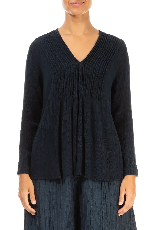 V-Neck Midnight Blue Silk Viscose Blouse Gathered Detail Blouse