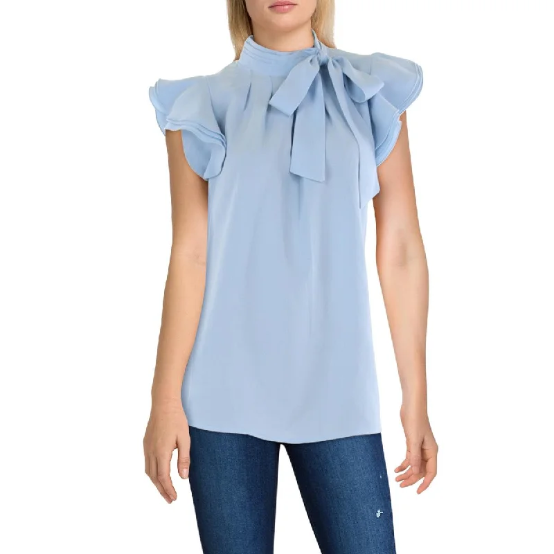 Womens Mock Neck Ruffle Sleeve Blouse Textured Cotton Blouse