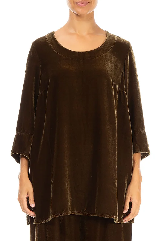 Loose Golden Sage Silk Velvet Blouse Lightweight Tunic Blouse
