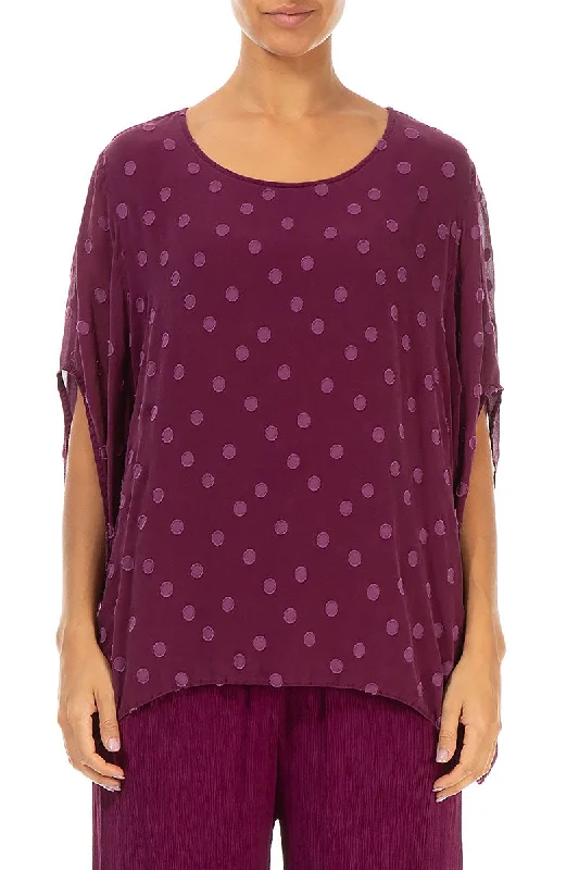 Loose Magenta Dotty Silk Blouse Collared Satin Blouse