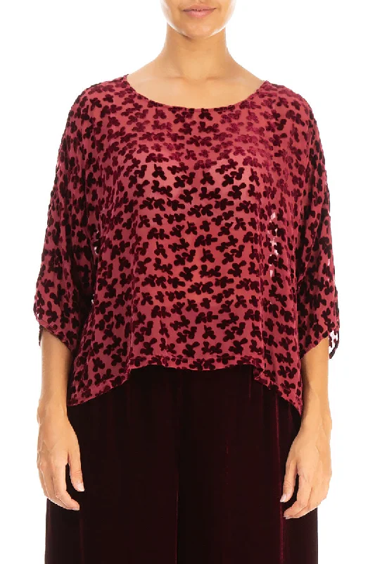 Boxy Devoré Petals Claret Silk Velvet Blouse Chic Wrap Blouse