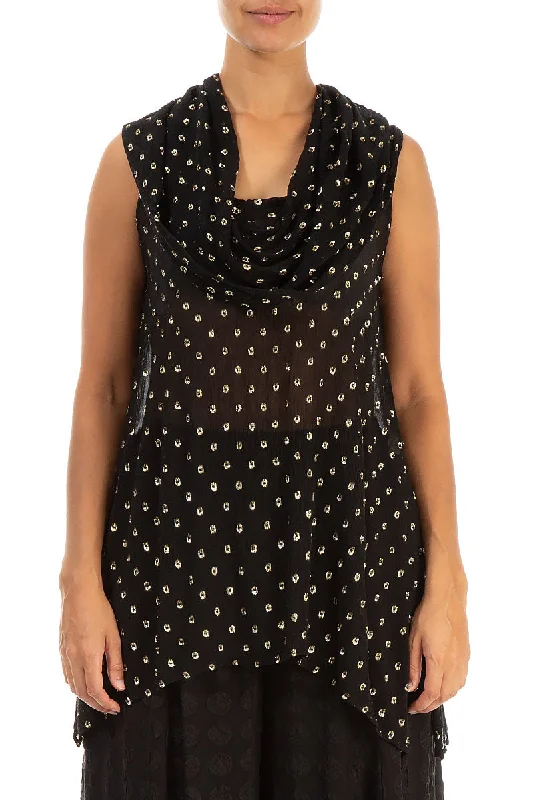 Wide Cowl Neck Sequin Black Silk Blouse Sweetheart Neck Blouse