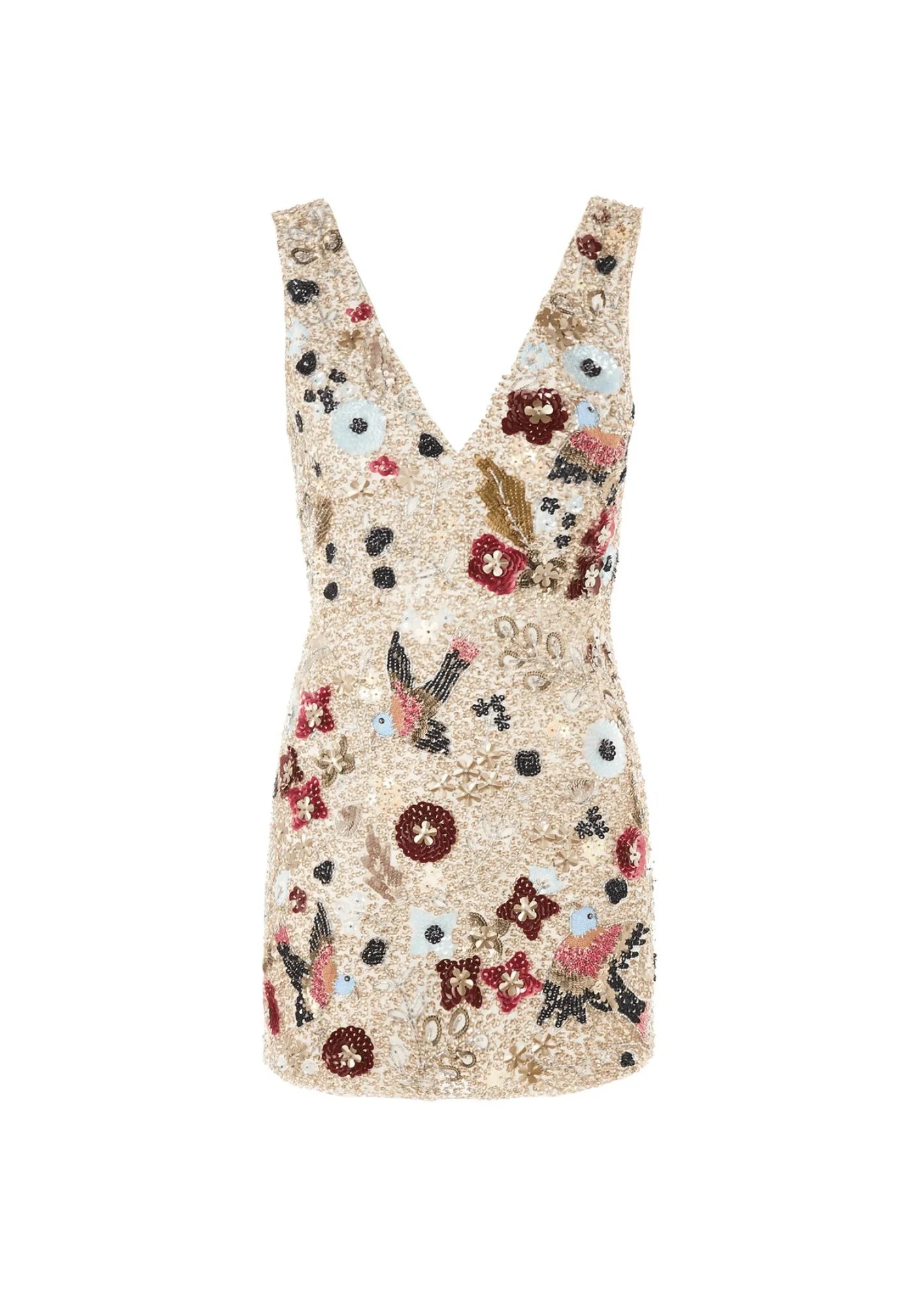 BEIGE SEQUIN PLUNGE MINI DRESS Fashionable Boho-Chic Mini Dress