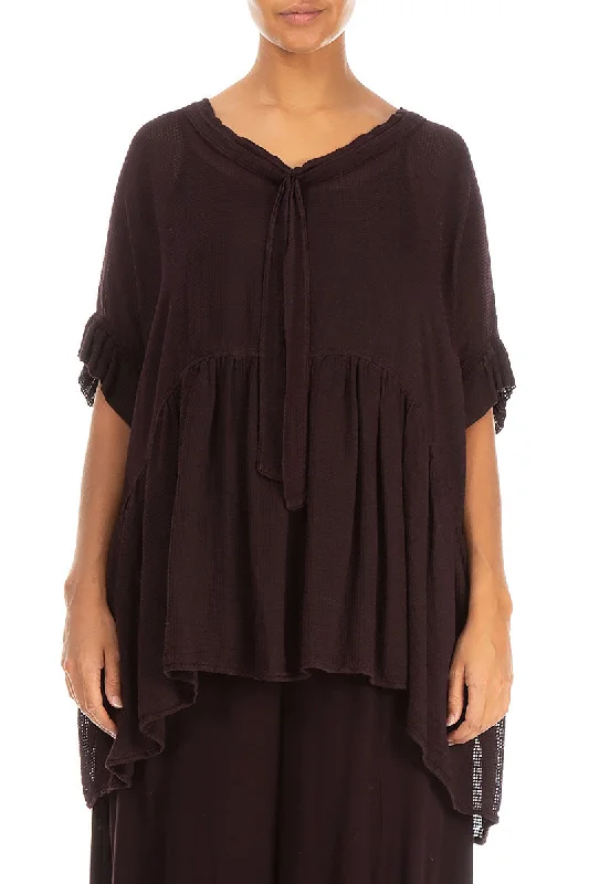 Flared Mesh Aubergine Silk Rayon Blouse Backless Summer Blouse