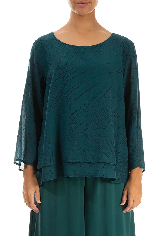 Layered Emerald Feathers Silk Cotton Blouse Floral Chiffon Blouse
