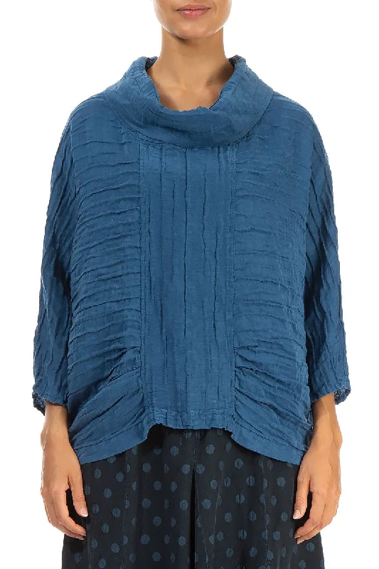 Cowl Neck Crinkled Azure Silk Blouse Pleated Collar Blouse