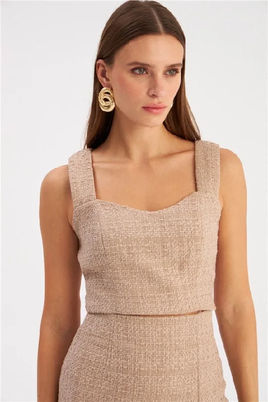 Strap Tweed Crop Blouse - Beige Airy Cotton Blouse